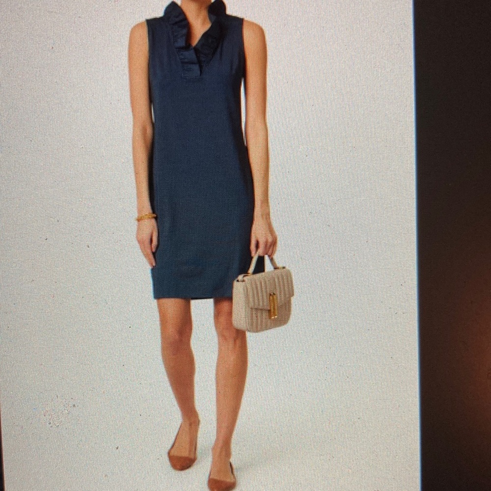 Gretchen Scott Navy Ruffle Neck Sleeveless dress EUC worn 1 x SZ M